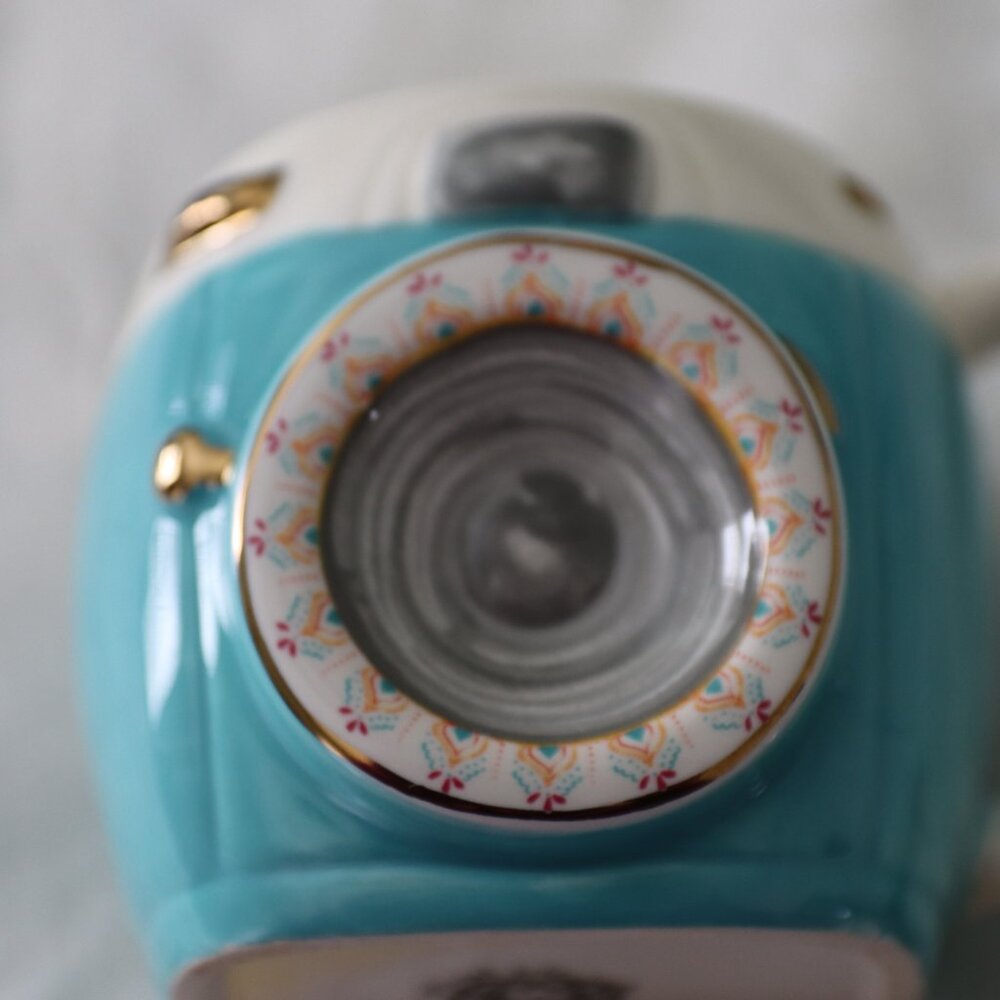 Natural Life Blue Folk Art Vintage Camera Coffee Mug Gold Accents Whimsical - Picture 11 of 12